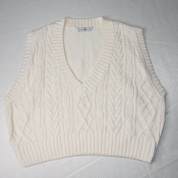 Calliope Cable Knit Sweater Vest XS Cream Cropped V-Neck Preppy Minimalist Look - Picture 8 of 9